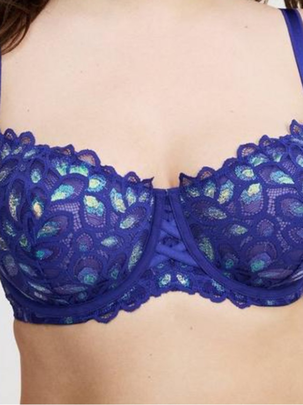 Torrid royal blue shine lace underwire balconette bra  42DD .